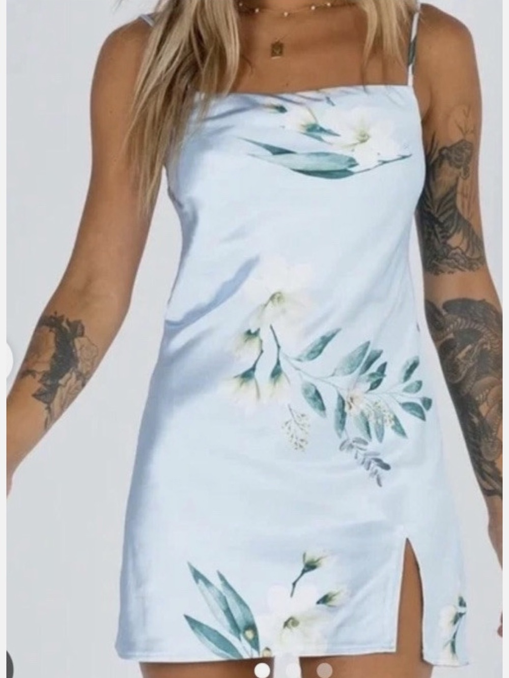 Princess Polly Pale Blue Satin Floral Mini Dress with Yellow Flowers